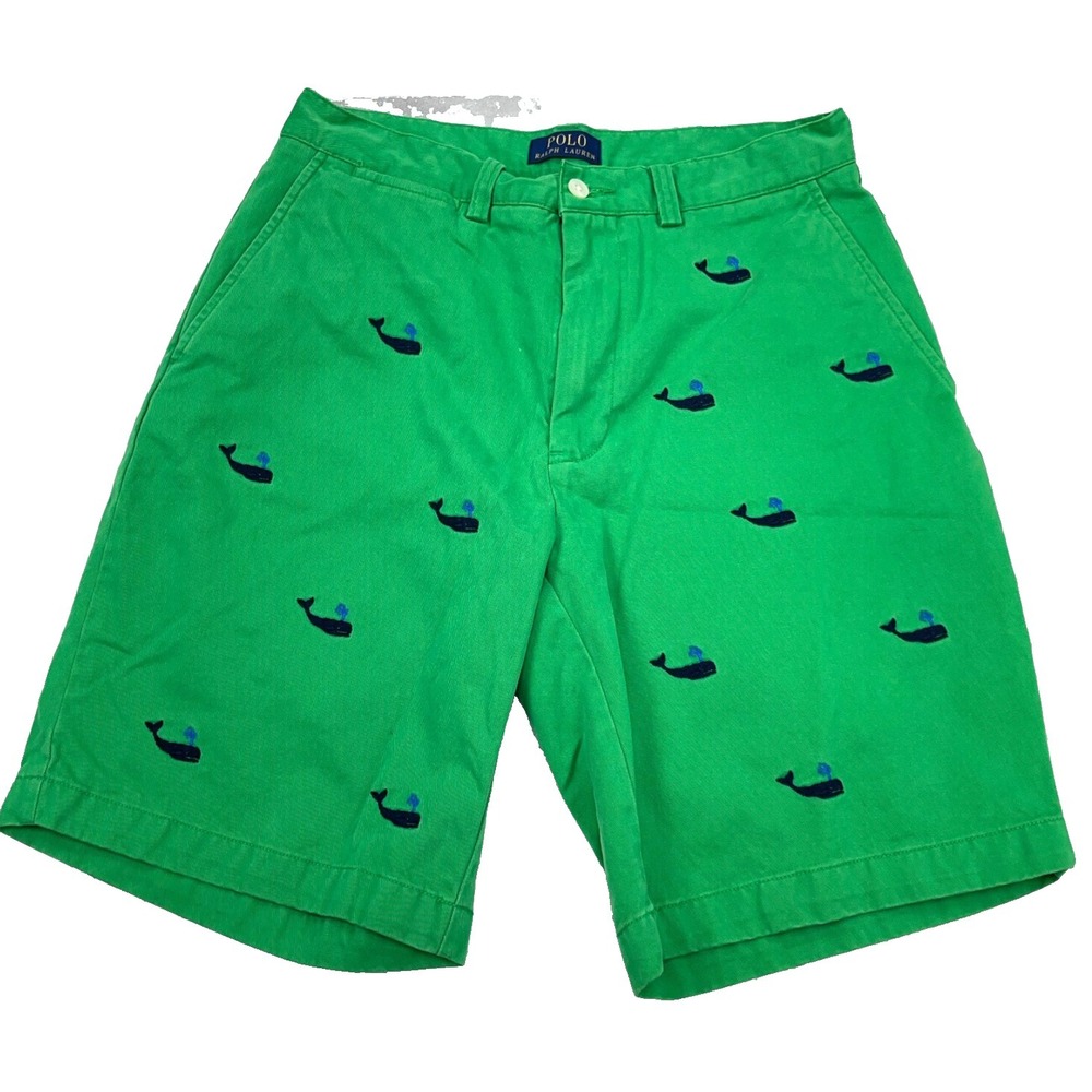 Polo Ralph Lauren Chino Shorts Men 30 Green Blue Whale Print Golf All Over AOP